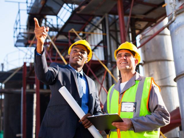 businessman with hard hat showing plant engineer something