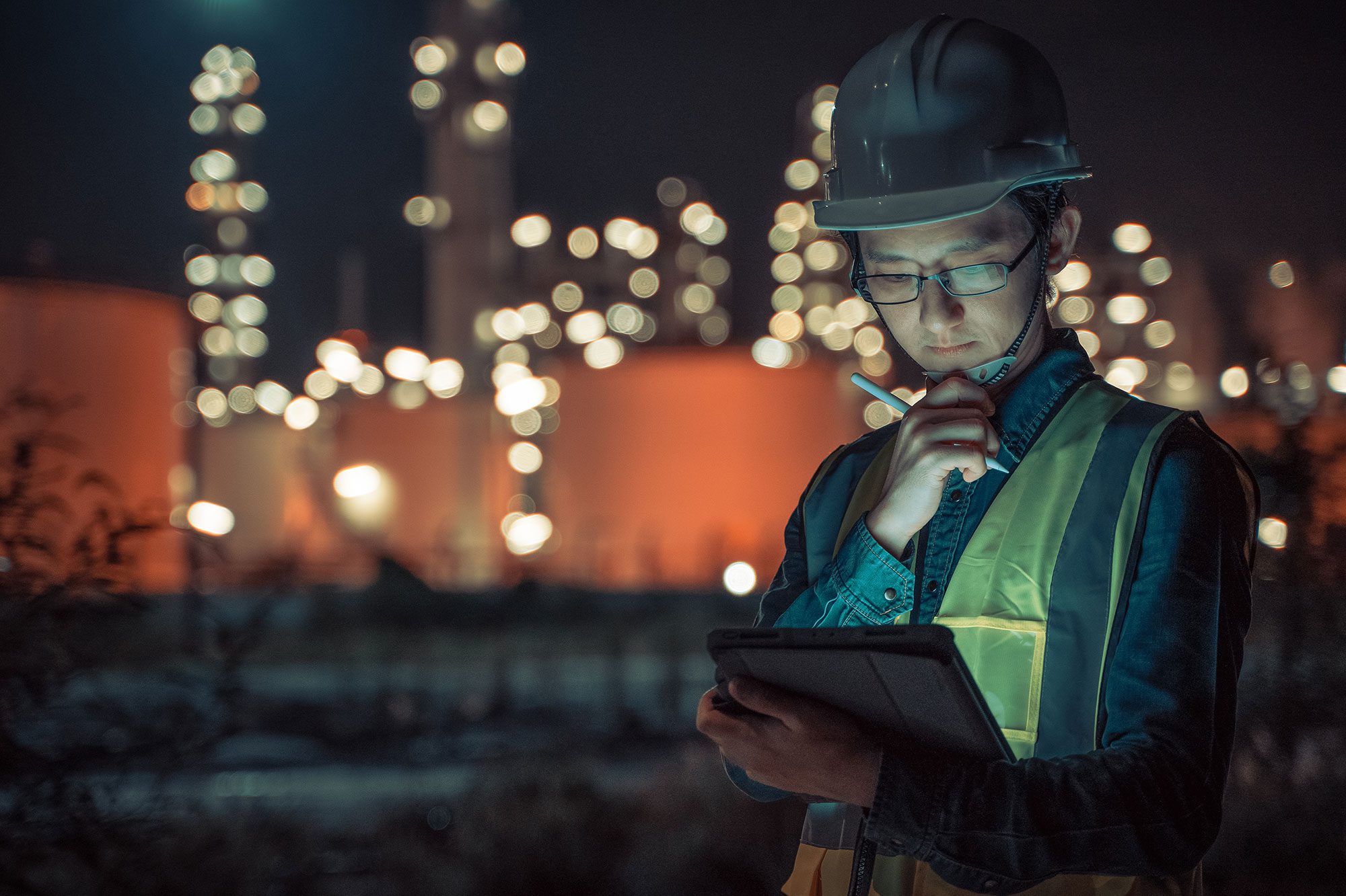 engineer with a hardhat on his mobile tablet in front of a city skyline