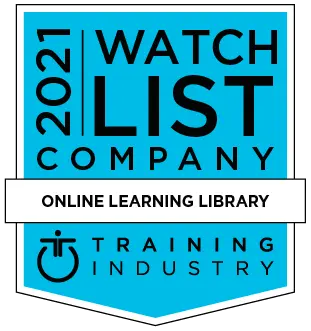 Blue badge logo with the following words on it: 2021 Watch List Company Online Learning Library. Training Industry