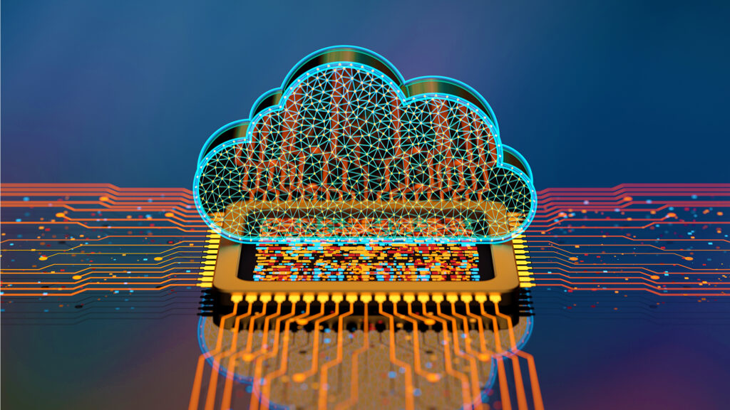 A digital cloud above a processor, the banner image for Using AI Responsibly